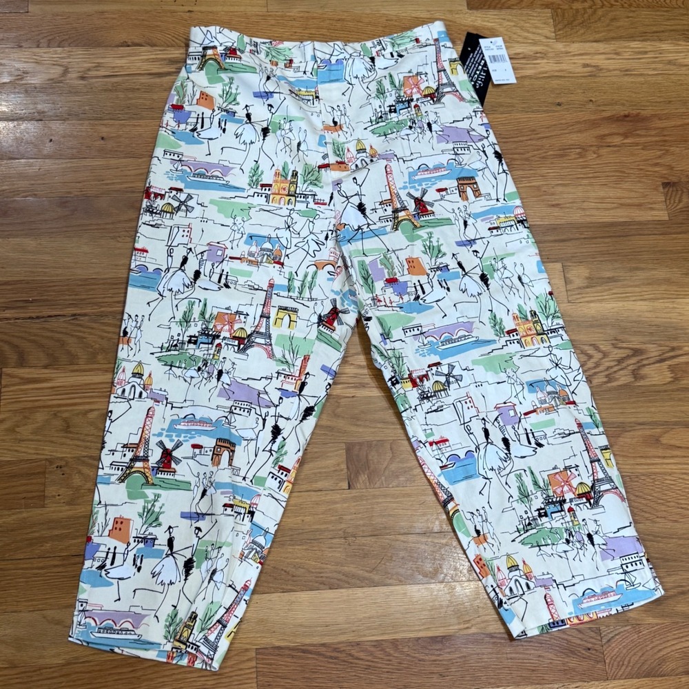 Vintage Wildlife Sportswear Paris Cityscape Print Pants Natural Multi Size 8 NEW